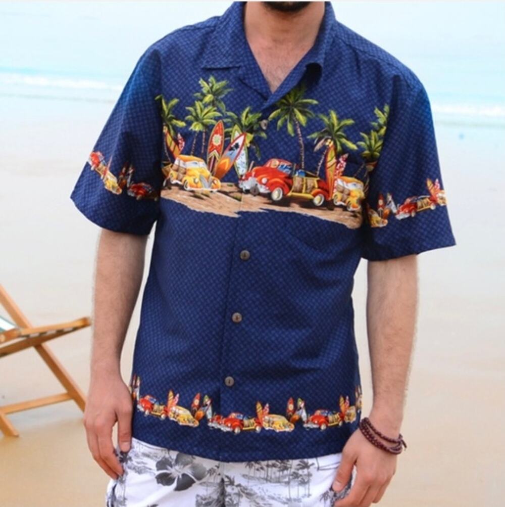 Palmwave Men's Short Sleeve Button Up Aloha Shirt Surfboard Print Size Medium